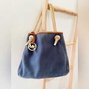 Michael Kors tan leather & blue cotton bag: 12”H x 12”L x 6”D x 8” handle EUC